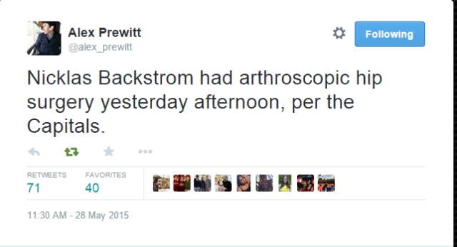 Alex Prewitt on Twitter   Nicklas Backstrom had arthroscopic hip surgery yesterday afternoon  per the Capitals.